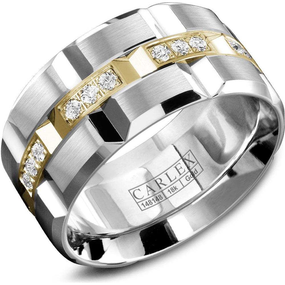 Carlex Men's Wedding Band - Brushed Notched Bands with Diamond Accented Geometric Notches in White Gold and Yellow Gold - 11mm Width from the G1 Collection