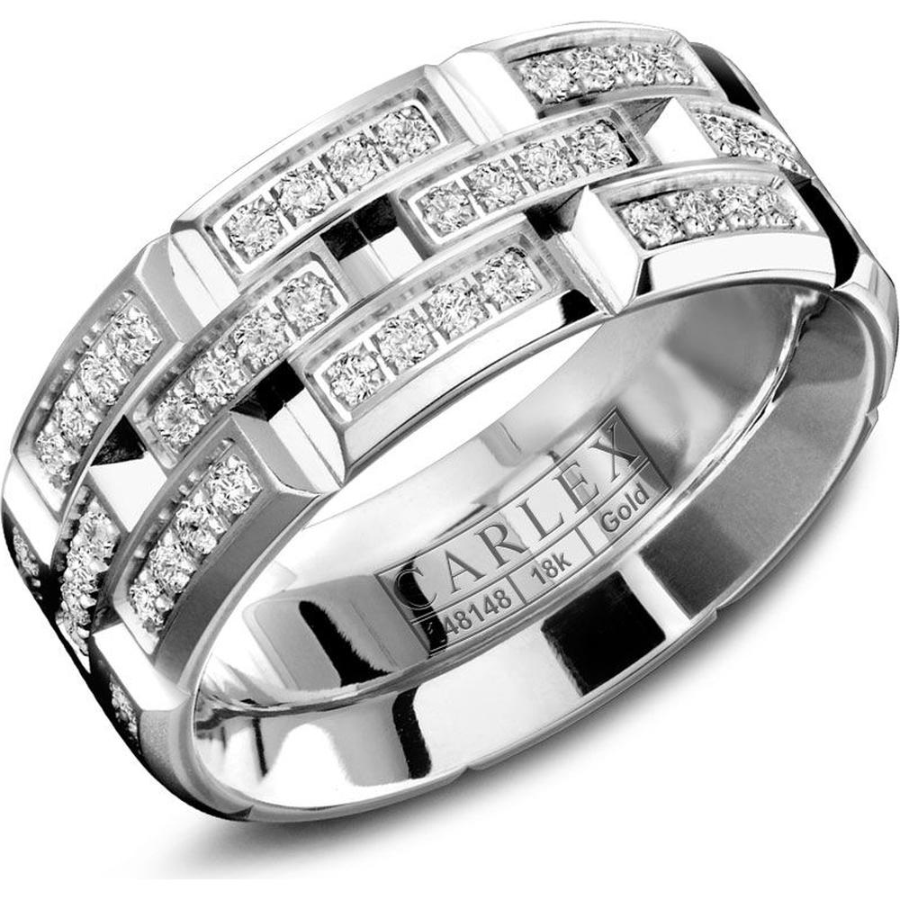 Carlex Men's Wedding Band - Brushed Notched Bands with Quad-Diamond Sections and Polished Notches in White Gold - 7.5mm Width from the G1 Collection