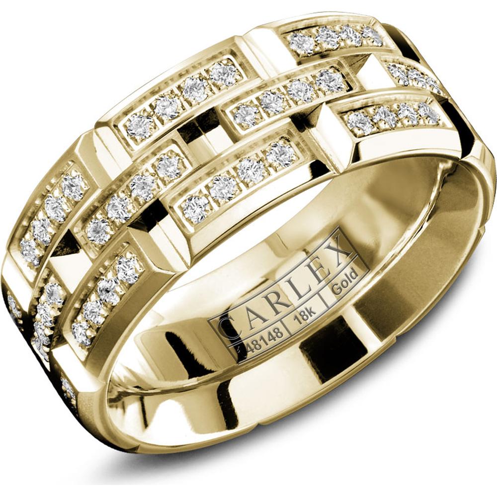 Carlex Men's Wedding Band - Brushed Notched Bands with Quad-Diamond Sections and Polished Notches in Yellow Gold - 7.5mm Width from the G1 Collection