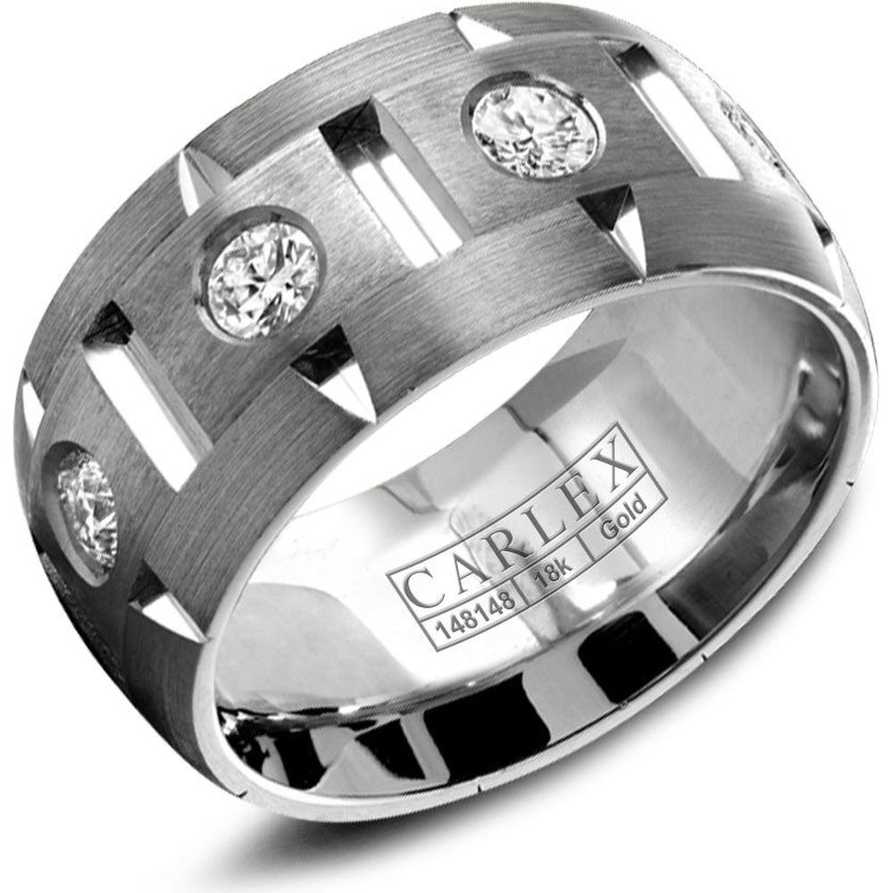 Carlex Men's Wedding Band - Brushed Notched Bands with Round Diamond Accents and Geometric Cutouts in White Gold - 9.5mm Width from the G1 Collection