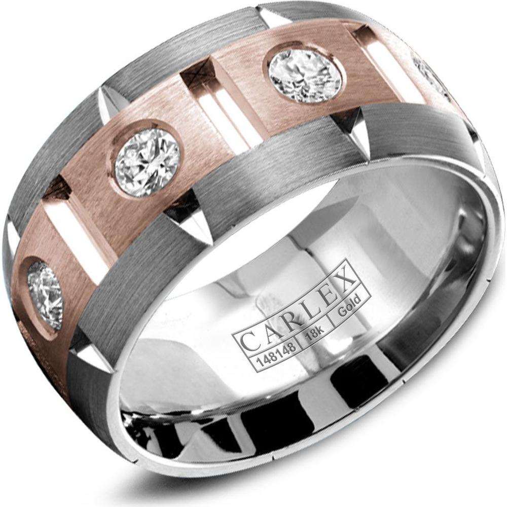 Carlex Men's Wedding Band - Brushed Notched Bands with Round Diamond Accents and Geometric Cutouts in White Gold and Rose Gold - 9.5mm Width from the G1 Collection