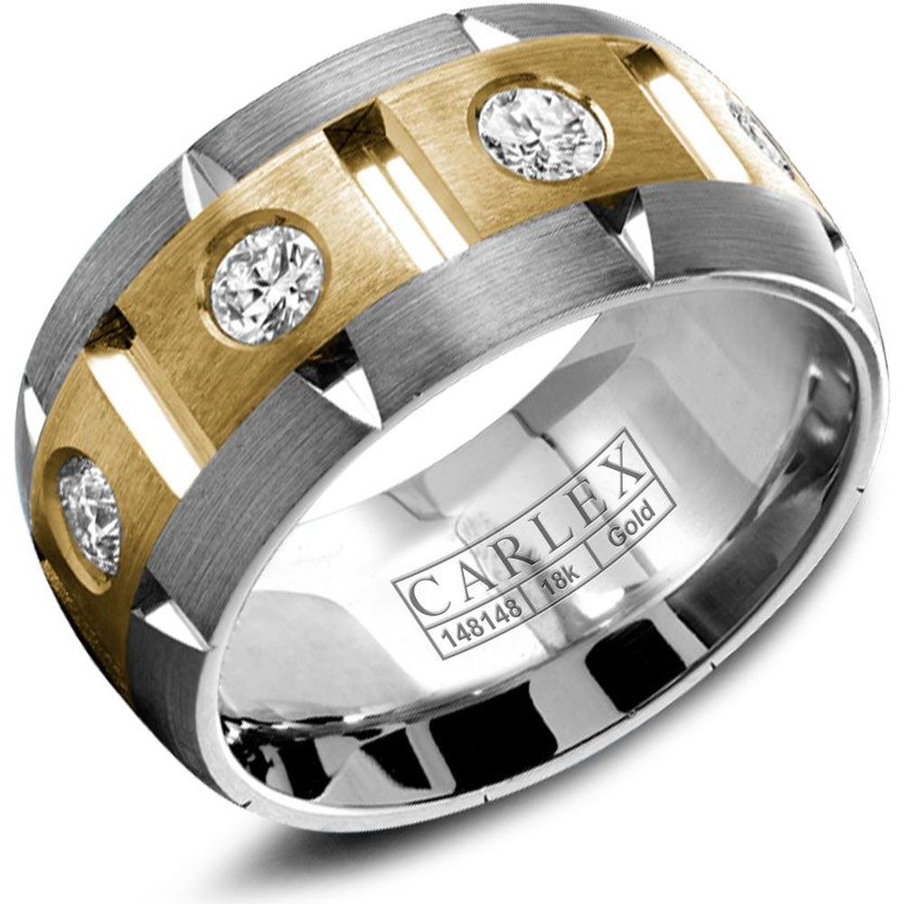 Carlex Men's Wedding Band - Brushed Notched Bands with Round Diamond Accents and Geometric Cutouts in White Gold and Yellow Gold - 9.5mm Width from the G1 Collection