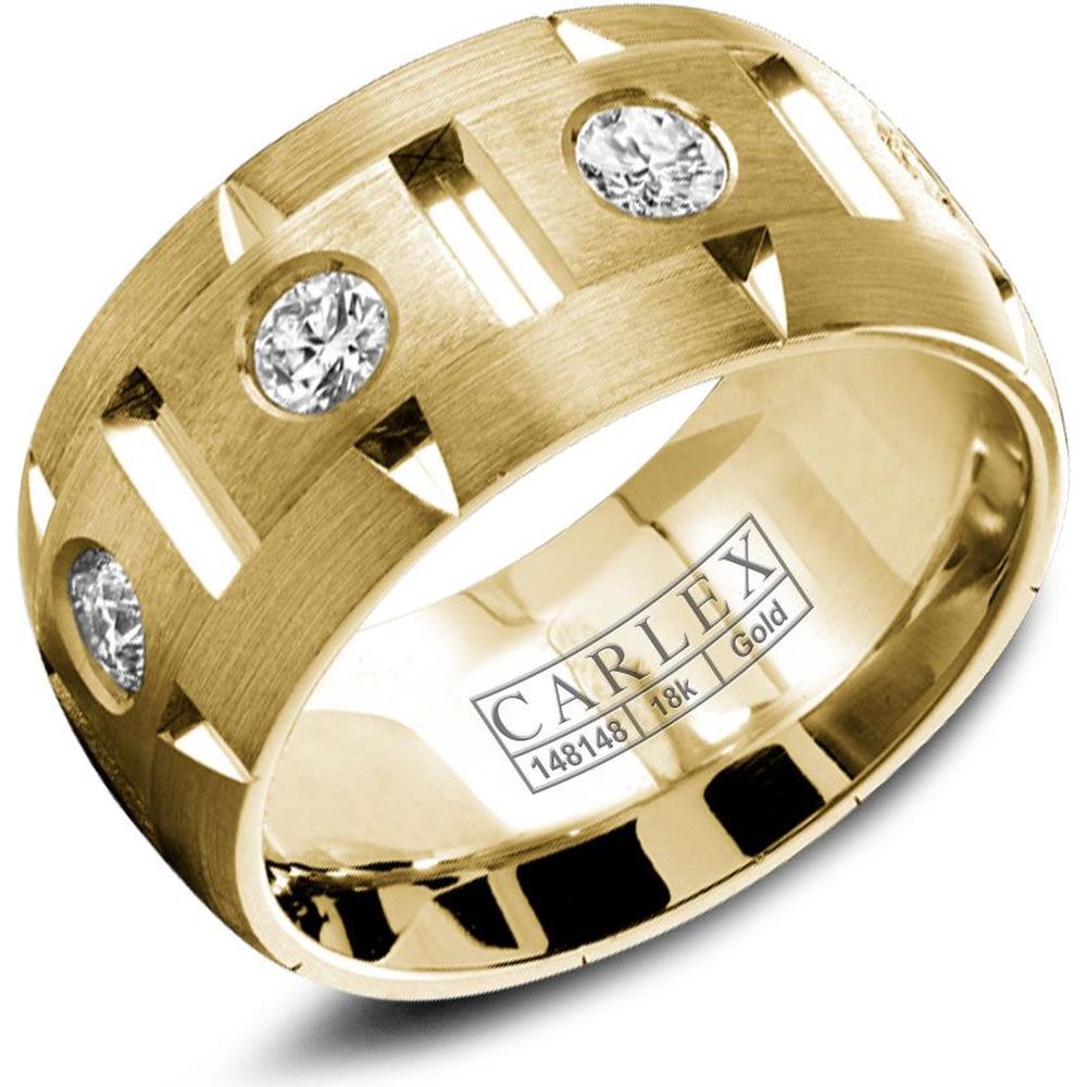 Carlex Men's Wedding Band - Brushed Notched Bands with Round Diamond Accents and Geometric Cutouts in Yellow Gold - 9.5mm Width from the G1 Collection