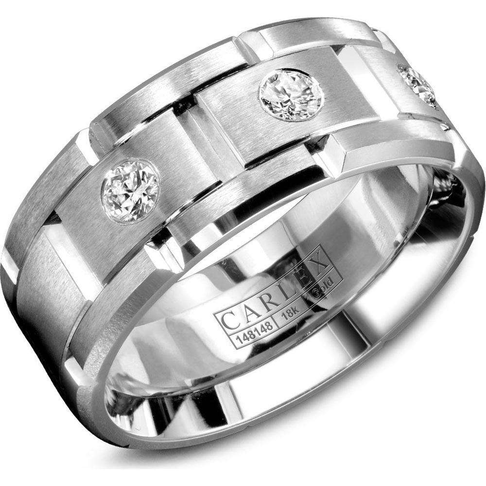 Carlex Men's Wedding Band - Brushed Notched Bands with Round Diamond Accents and Polished Notches in White Gold - 9mm Width from the G1 Collection