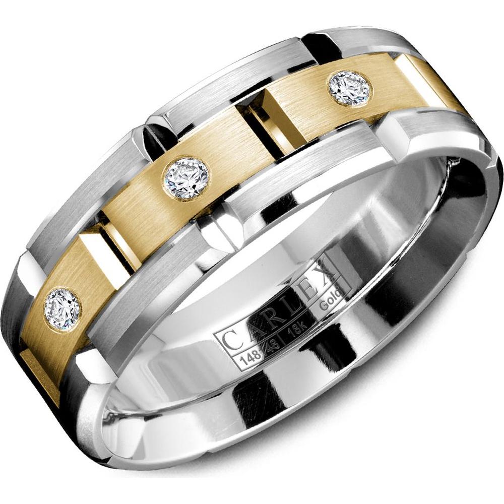 Carlex Men's Wedding Band - Brushed Notched Bands with Round Diamond Accents and Polished Notches in White Gold and Yellow Gold - 7.5mm Width from the G1 Collection