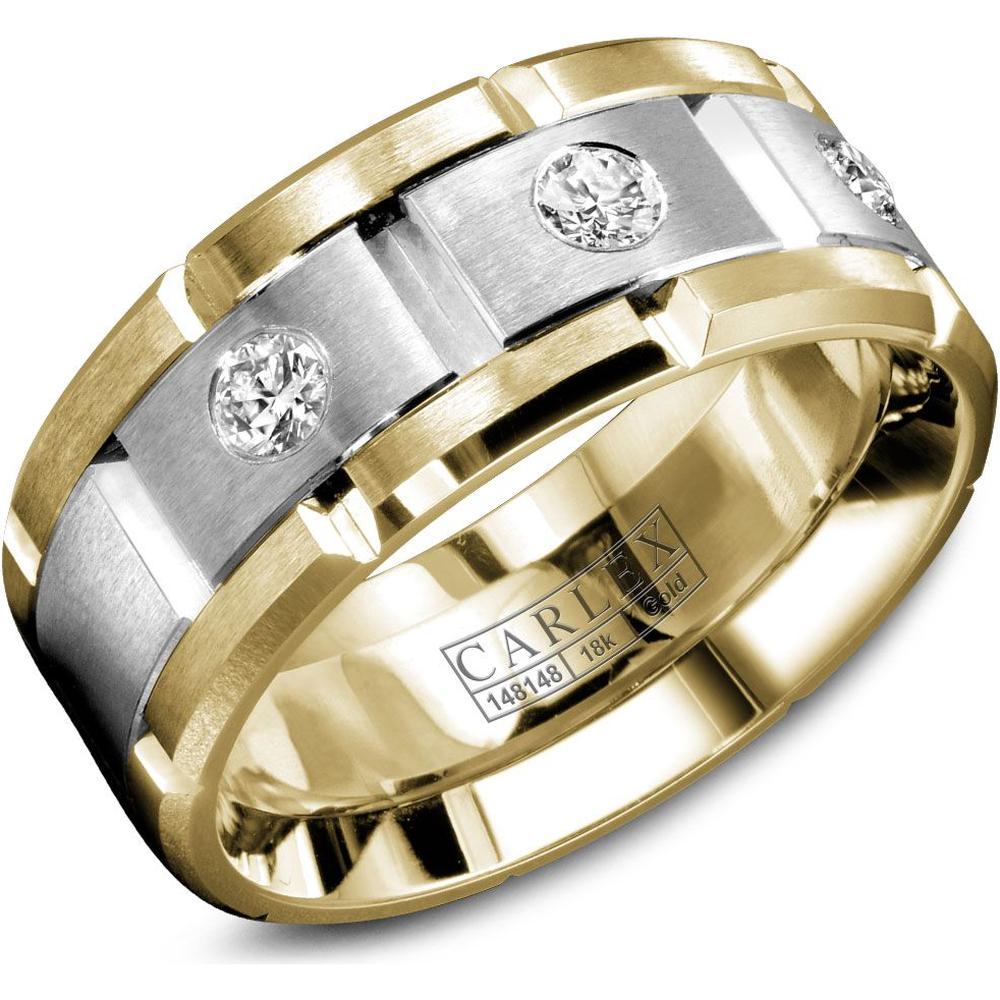 Carlex Men's Wedding Band - Brushed Notched Bands with Round Diamond Accents and Polished Notches in Yellow Gold and White Gold - 9mm Width from the G1 Collection