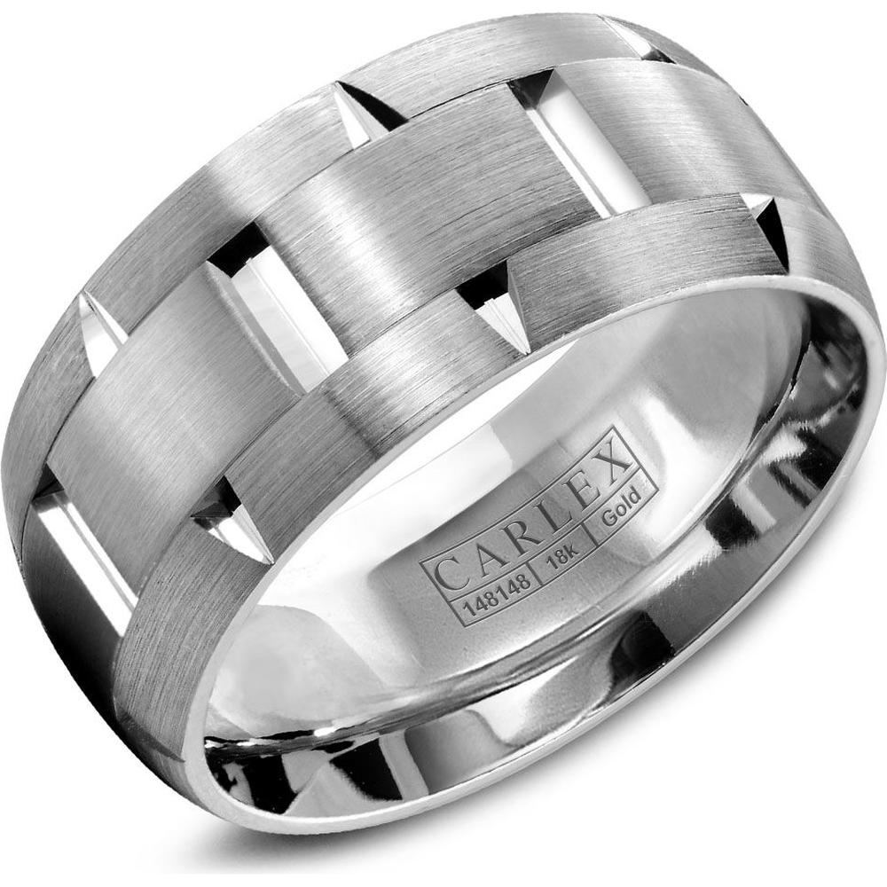 Carlex Men's Wedding Band - Brushed Notched Center with Polished Geometric Cutouts on Side Bands in White Gold - 9.5mm Width from the G1 Collection