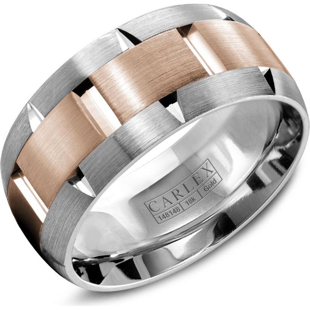 Carlex Men's Wedding Band - Brushed Notched Center with Polished Geometric Cutouts on Side Bands in White Gold and Rose Gold - 9.5mm Width from the G1 Collection