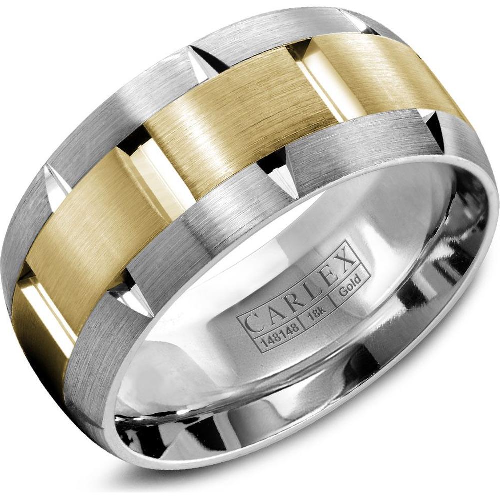 Carlex Men's Wedding Band - Brushed Notched Center with Polished Geometric Cutouts on Side Bands in White Gold and Yellow Gold - 9.5mm Width from the G1 Collection