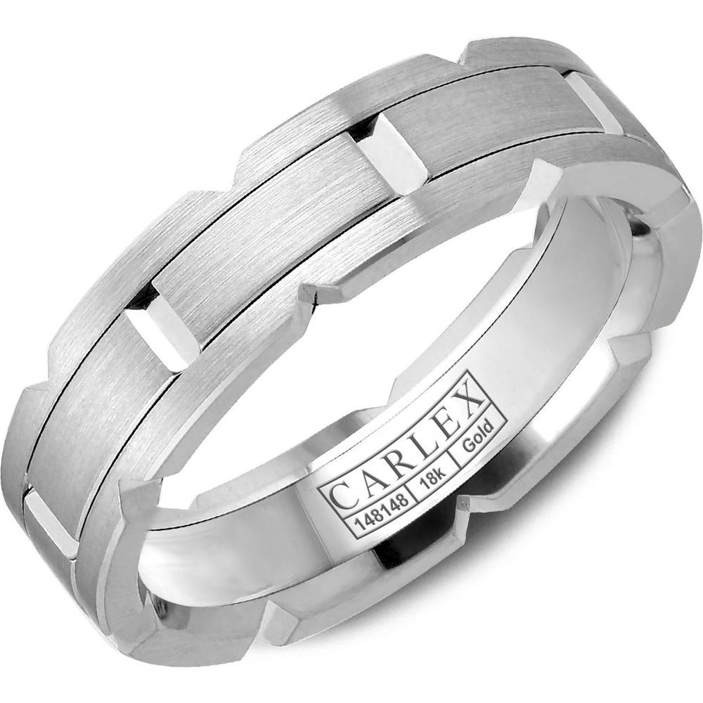 Carlex Men's Wedding Band - Brushed Notched Inlay with Notched Brushed Edges in White Gold - 6mm Width from the G1 Collection