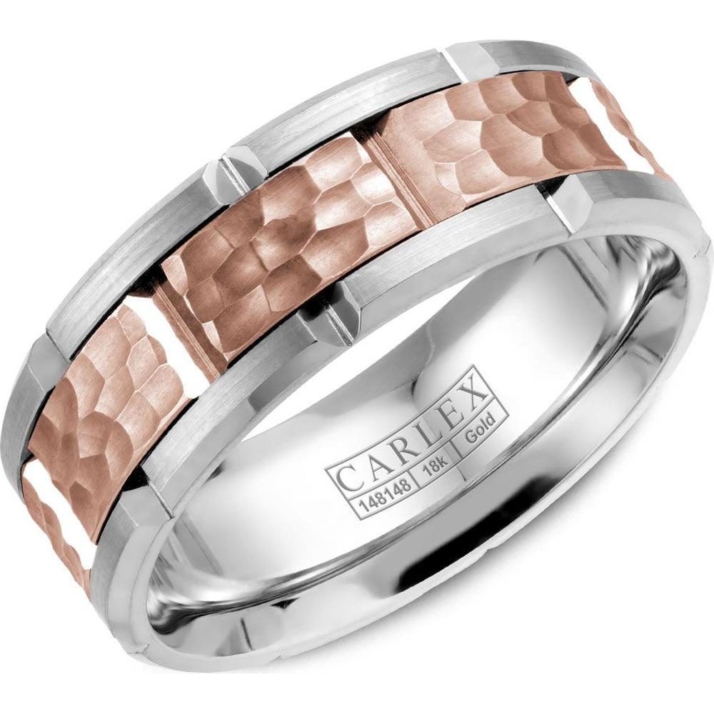 Carlex Men's Wedding Band - Brushed Rose Gold Hammered Center with Notched Beveled Edges in White Gold and Rose Gold - 7.5mm Width from the G1 Collection
