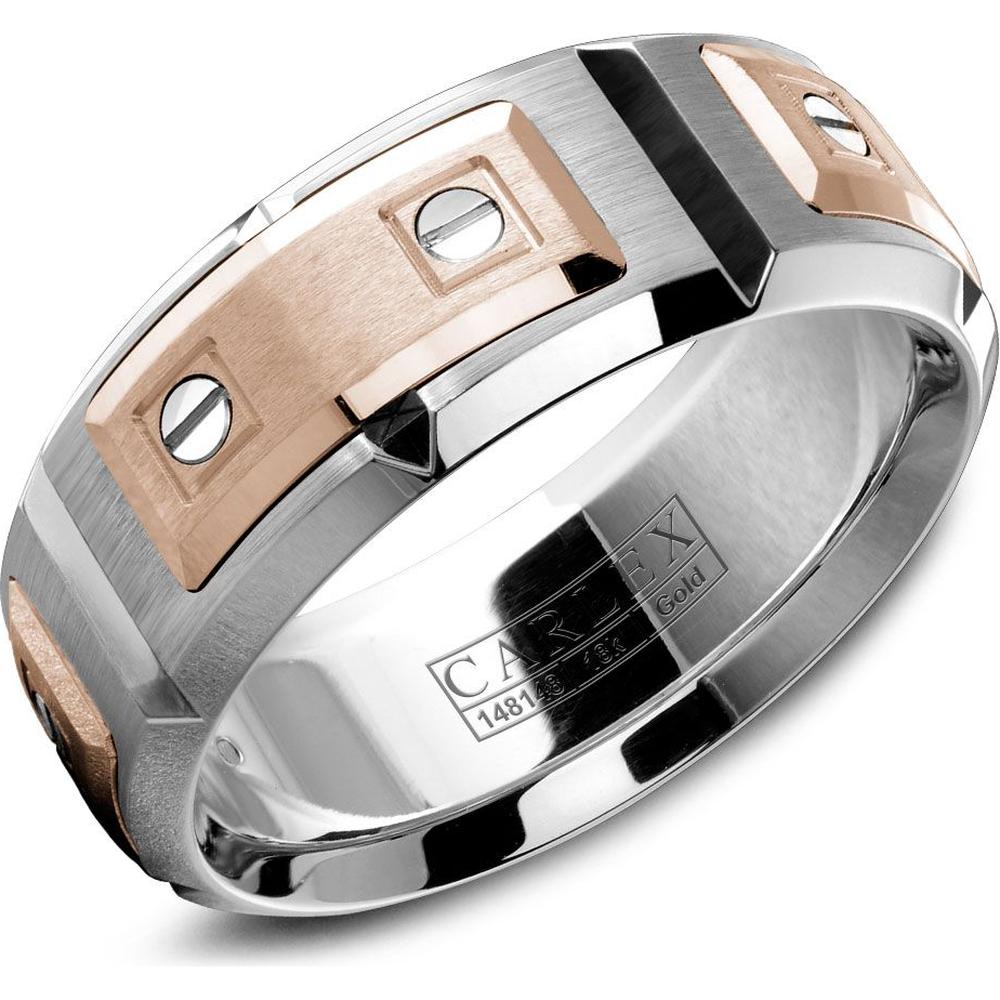 Carlex Men's Wedding Band - Brushed Rose Gold Plates with Polished Screws and Polished Beveled Edges in White Gold and Rose Gold - 8mm Width from the G2 Collection
