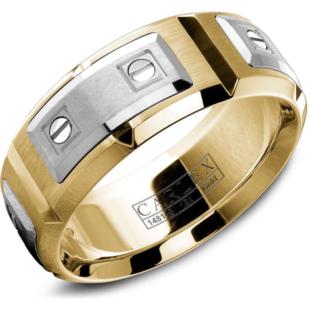 Carlex Men's Wedding Band - Brushed White Gold Plates with Polished Screws and Polished Beveled Edges in Yellow Gold and White Gold - 8mm Width from the G2 Collection