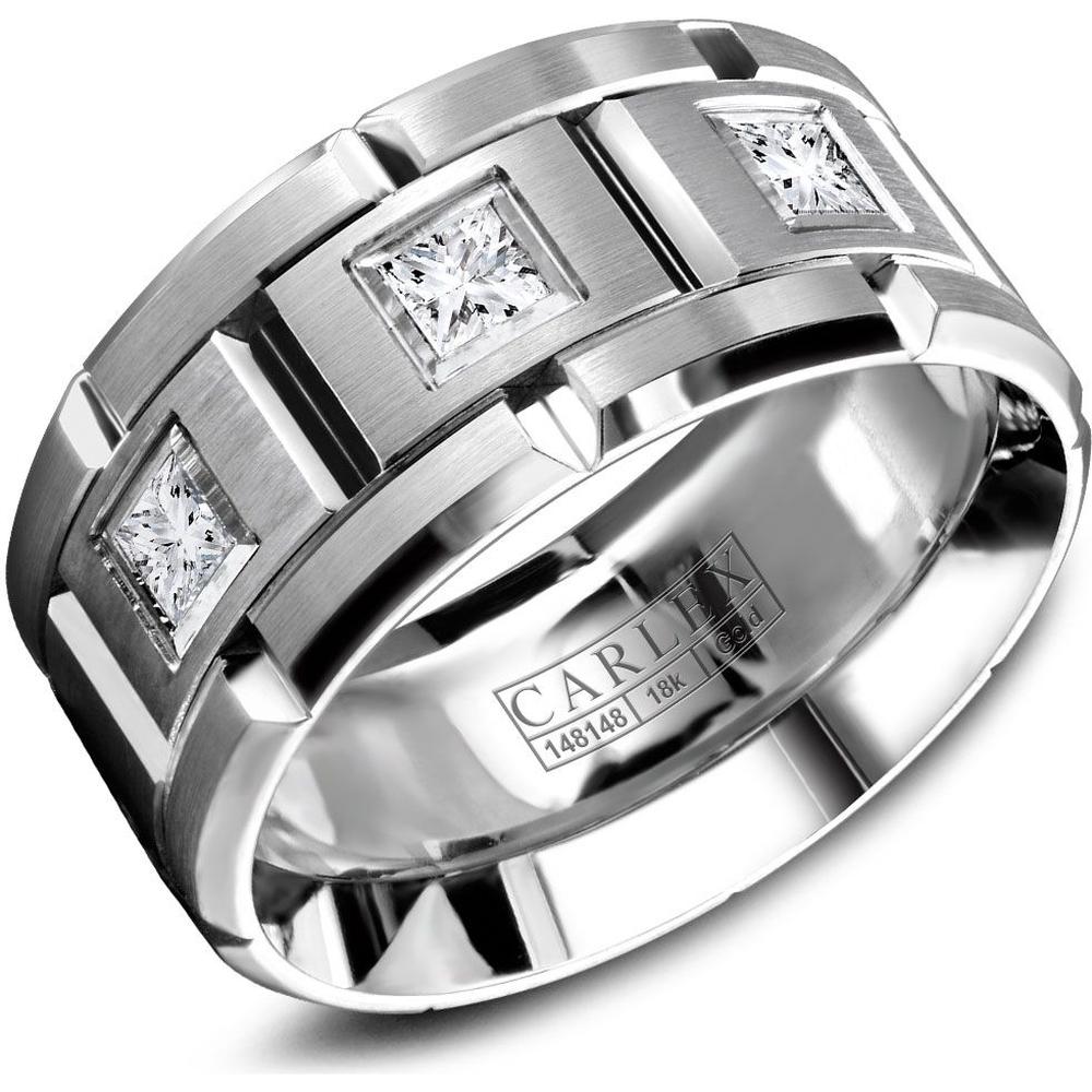 Carlex Men's Wedding Band - Brushed with Princess-Cut Diamonds and Polished Geometric Notches in White Gold - 10.5mm Width from the G1 Collection