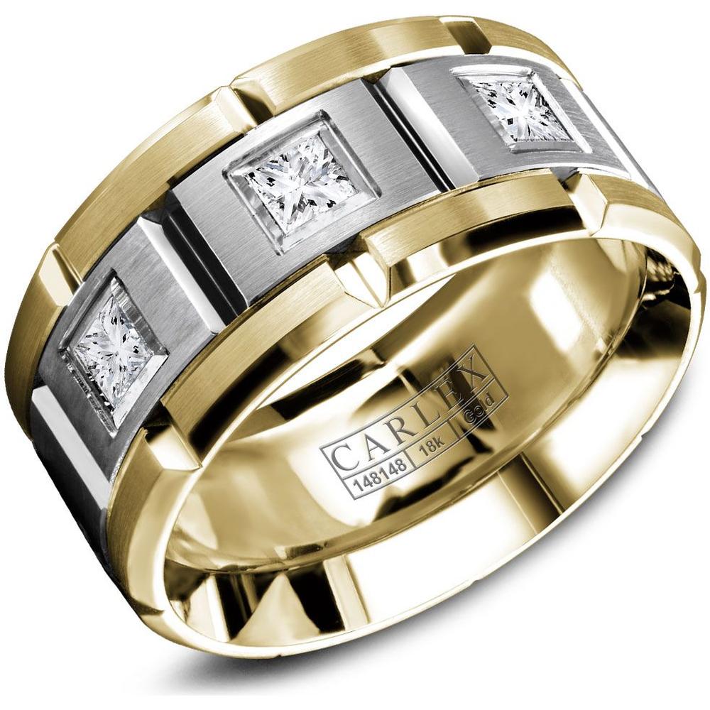 Carlex Men's Wedding Band - Brushed with Princess-Cut Diamonds and Polished Geometric Notches in Yellow Gold and White Gold - 10.5mm Width from the G1 Collection