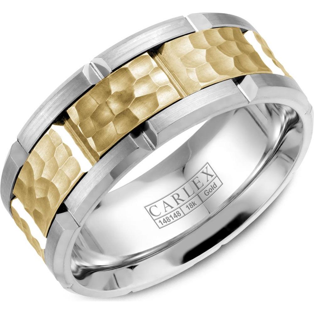 Carlex Men's Wedding Band - Brushed Yellow Gold Hammered Center with Notched Beveled Edges in White Gold and Yellow Gold - 9mm Width from the G1 Collection