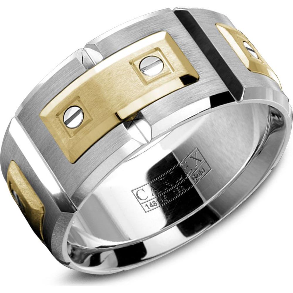 Carlex Men's Wedding Band - Brushed Yellow Gold Plates with Polished Screws and Polished Beveled Edges in White Gold and Yellow Gold - 11mm Width from the G2 Collection