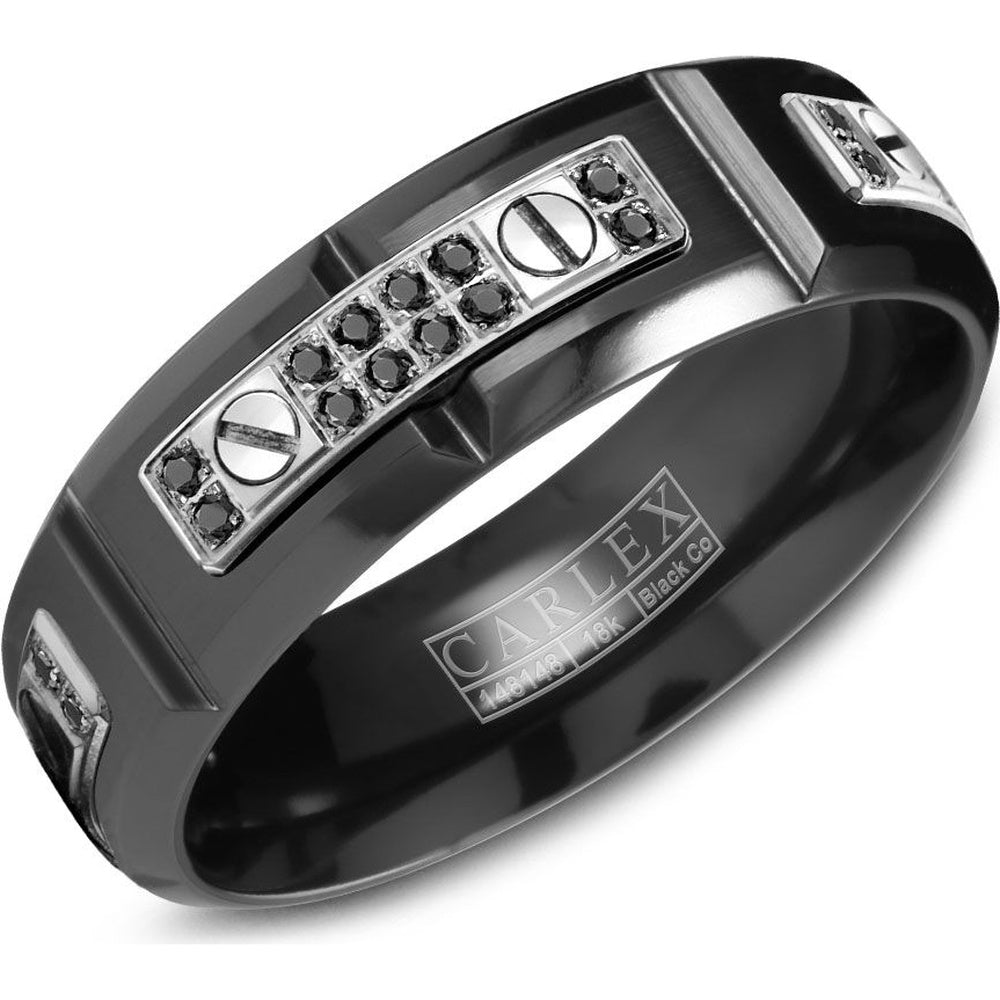 Carlex Men's Wedding Band - Cobalt and 18K White Gold with Black Round Diamonds and Sandpaper Finish- 0.31 Carat Total Diamond Weight - 6.5mm Width from the Sport Collection