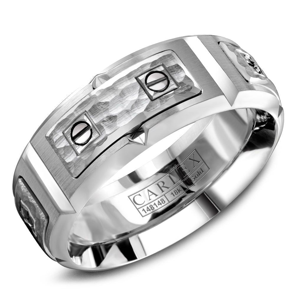Carlex Men's Wedding Band - Cobalt and 18K White Gold with Hammered Finish and Geometric Design - 8mm Width from the Sport Collection