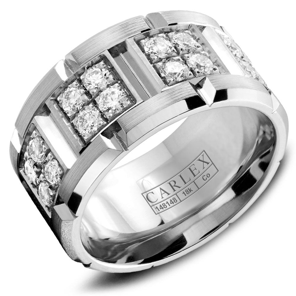 Carlex Men's Wedding Band - Cobalt and 18K White Gold with Round Diamond Sections- 1.6 Carat Total Diamond Weight - 10.5mm Width from the Sport Collection