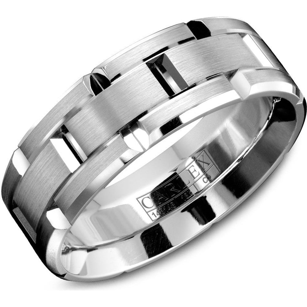 Carlex Men's Wedding Band - Cobalt and 18K White Gold with Sandpaper Finish and High Polish Bevels - 7.5mm Width from the Sport Collection