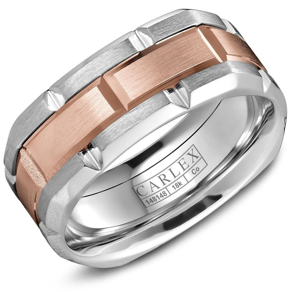 Carlex Men's Wedding Band - Cobalt and 18K Rose Gold with Brushed Center and Polished Bevels - 9mm Width from the Sport Collection