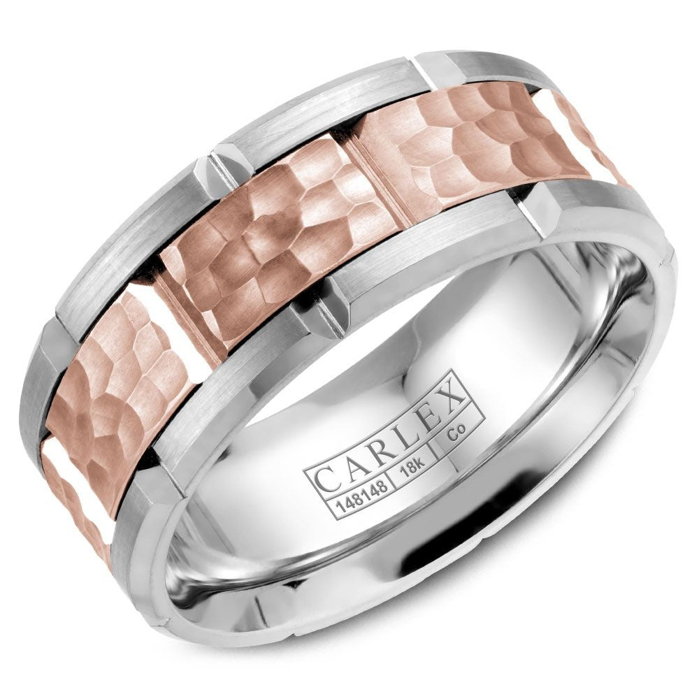 Carlex Men's Wedding Band - Cobalt and 18K Rose Gold with Hammered Center and Brushed Finish - 9mm Width from the Sport Collection