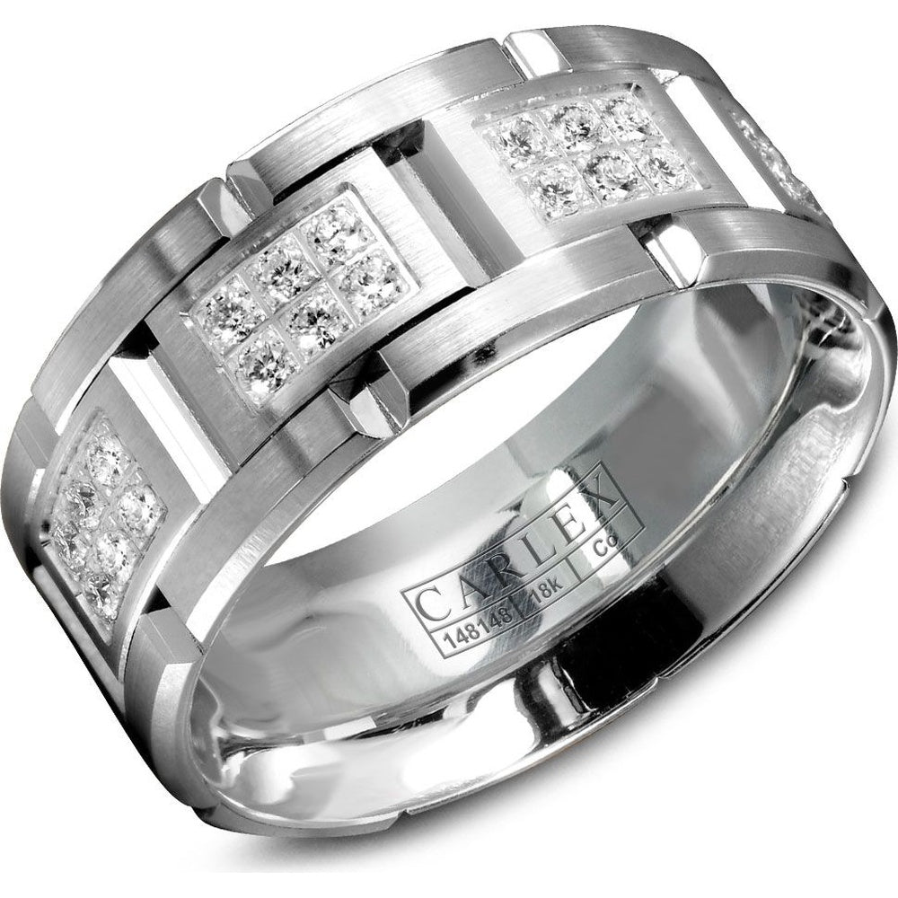 Carlex Men's Wedding Band - Cobalt and 18K White Gold B and with Round Diamond Sections- 0.86 Carat Total Diamond Weight - 9mm Width from the Sport Collection