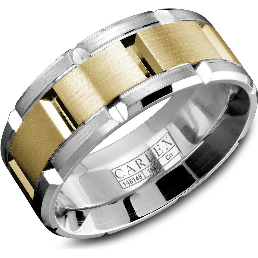 Carlex Men's Wedding Band - Cobalt Chrome and 18K Yellow Gold with Sandpaper Top and High Polish Bevels - 9mm Width from the Sport Collection