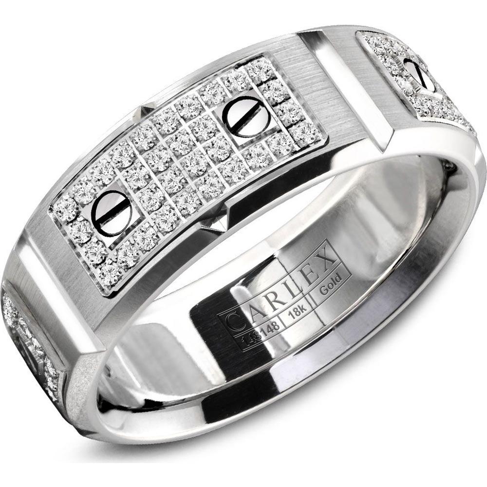 Carlex Men's Wedding Band - Diamond Pavé Plates with Polished Screws and Brushed Surface in White Gold - 8mm Width from the G2 Collection