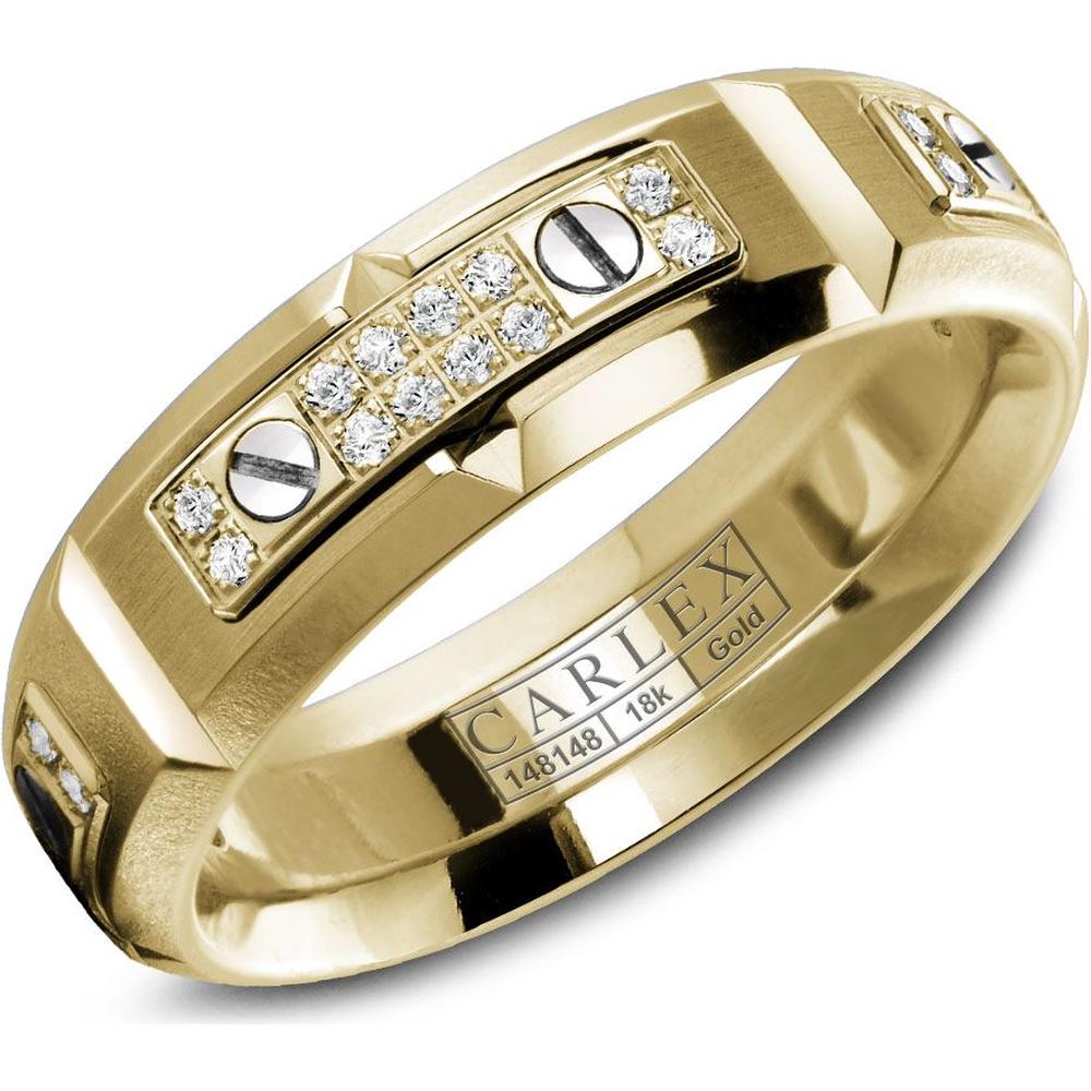 Carlex Men's Wedding Band - Diamond Pavé Plates with Polished Screws and Brushed Surface in Yellow Gold - 6.5mm Width from the G2 Collection