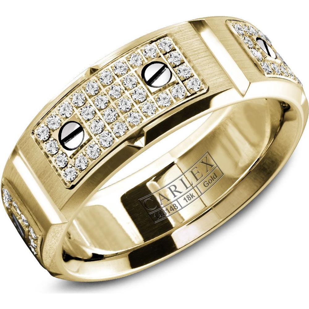 Carlex Men's Wedding Band - Diamond Pavé Plates with Polished Screws and Brushed Surface in Yellow Gold - 8mm Width from the G2 Collection