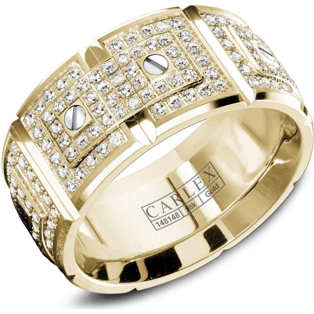 Carlex Men's Wedding Band - Diamond Pavé Plates with Polished Screws and Diamond Accented Bezel in Yellow Gold - 11mm Width from the G2 Collection