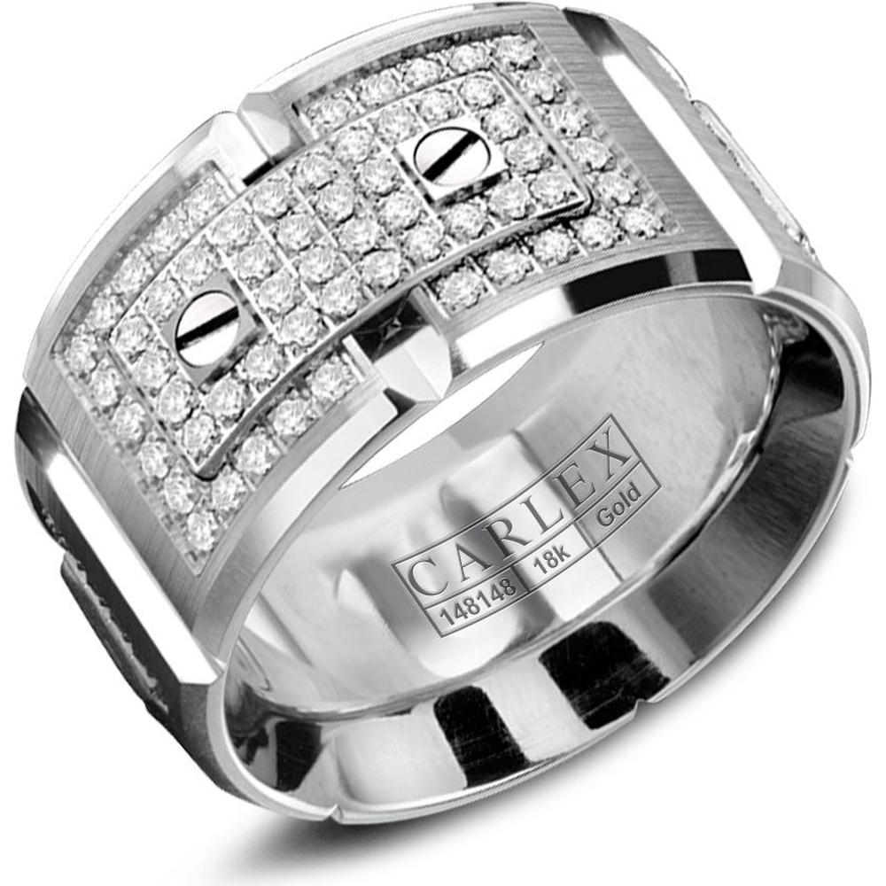 Carlex Men's Wedding Band - Diamond Pavé Plates with Polished Screws, Diamond Pavé Bezels, Brushed Surface and Polished Beveled Edges in White Gold - 11mm Width from the G2 Collection