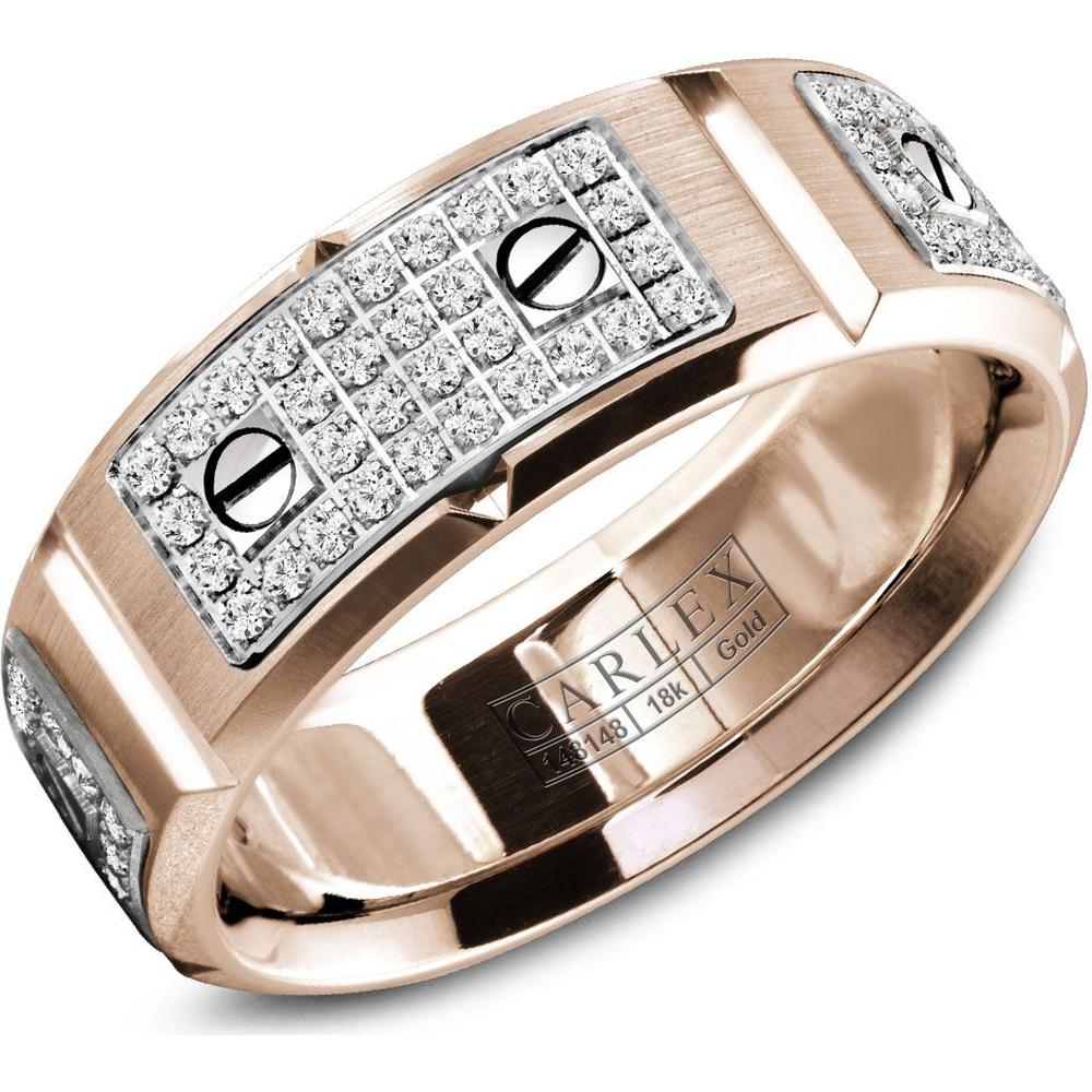 Carlex Men's Wedding Band - Diamond Pavé Rose Gold Plates with Polished Screws and Brushed Surface in Rose Gold and White Gold - 8mm Width from the G2 Collection