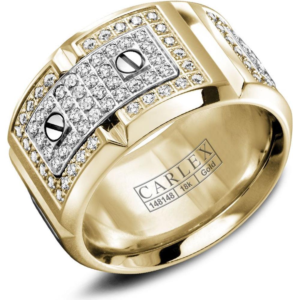 Carlex Men's Wedding Band - Diamond Pavé White Gold Plates with Polished Screws, Diamond Pavé Bezels, Brushed Surface and Polished Beveled Edges in Yellow Gold and White Gold - 11mm Width from the G2 Collection