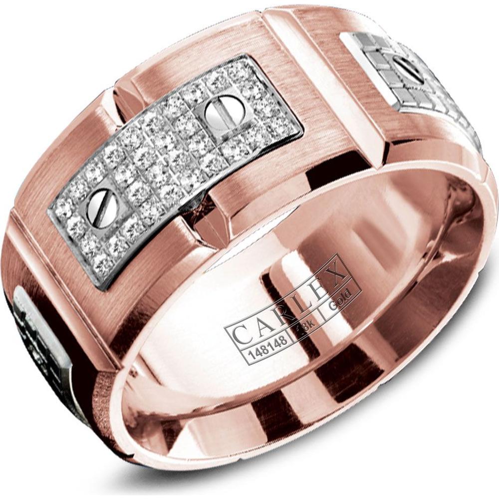Carlex Men's Wedding Band - Diamond Pavé White Gold Plates with Polished Screws and Brushed Surface and Polished Beveled Edges in Rose Gold and White Gold - 11mm Width from the G2 Collection