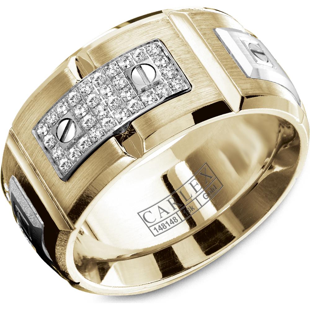 Carlex Men's Wedding Band - Diamond Pavé White Gold Plates with Polished Screws and Brushed Surface and Polished Beveled Edges in Yellow Gold and White Gold - 11mm Width from the G2 Collection