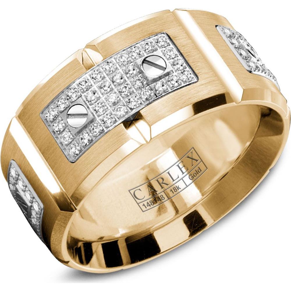 Carlex Men's Wedding Band - Diamond Pavé White Gold Plates with Polished Screws and Brushed Surface in Yellow Gold and White Gold - 11mm Width from the G2 Collection