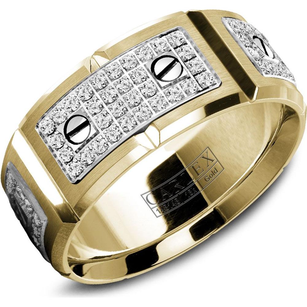 Carlex Men's Wedding Band - Diamond Pavé White Gold Plates with Polished Screws and Brushed Surface in Yellow Gold and White Gold - 9.5mm Width from the G2 Collection