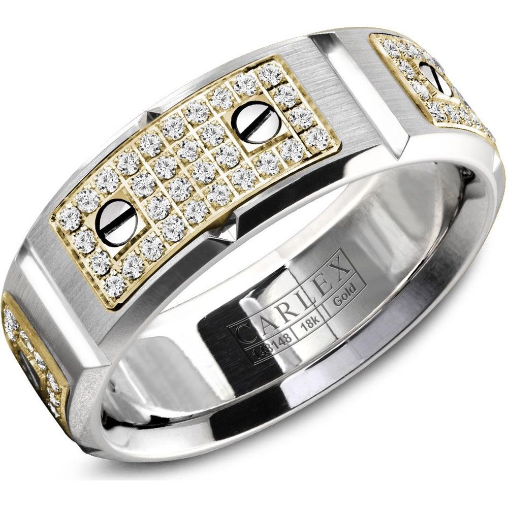 Carlex Men's Wedding Band - Diamond Pavé Yellow Gold Plates with Polished Screws and Brushed Surface in White Gold and Yellow Gold - 8mm Width from the G2 Collection