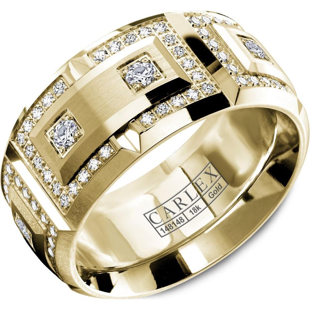 Carlex Men's Wedding Band - Double Diamond Inlays with Pavé Diamond Edges and Brushed Center and Polished Beveled Edges in Yellow Gold - 11mm Width from the G2 Collection