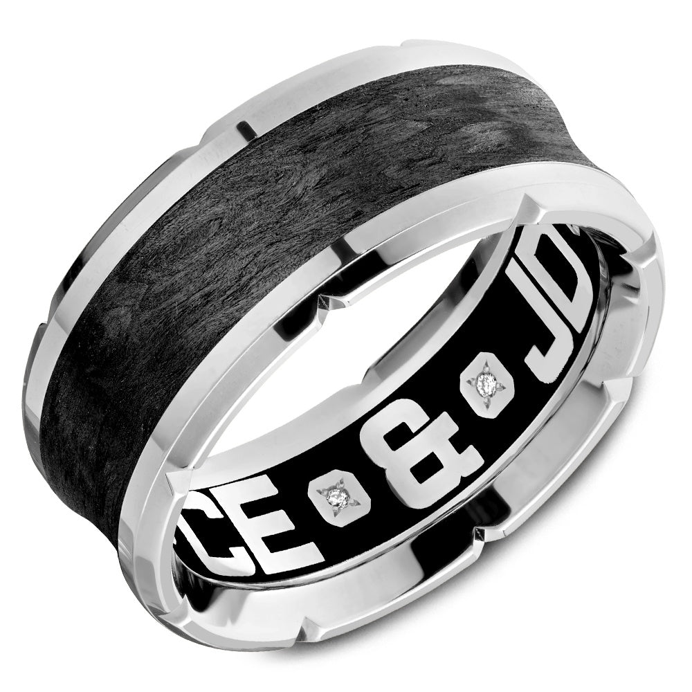 Carlex Men's Wedding Band - Forged Carbon Fiber Inlay and 18K White Gold- Interior Diamond Accents - 9.5mm Width from the G4 Collection