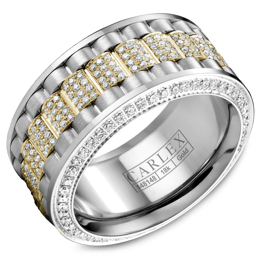 Carlex Men's Wedding Band - G3 18K White Gold and Yellow Gold with Pavé Round Diamonds - 1.28 Carat Total Diamond Weight - 11mm Width from the G3 Collection