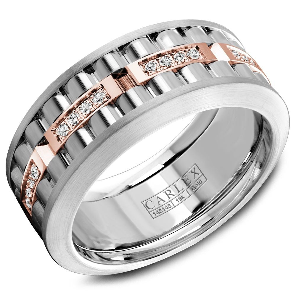 Carlex Men's Wedding Band - G3 18K Two-Tone Gold with Round Diamonds and Rose Gold Center- 0.19 Carat Total Diamond Weight - 8.5mm Width from the G3 Collection