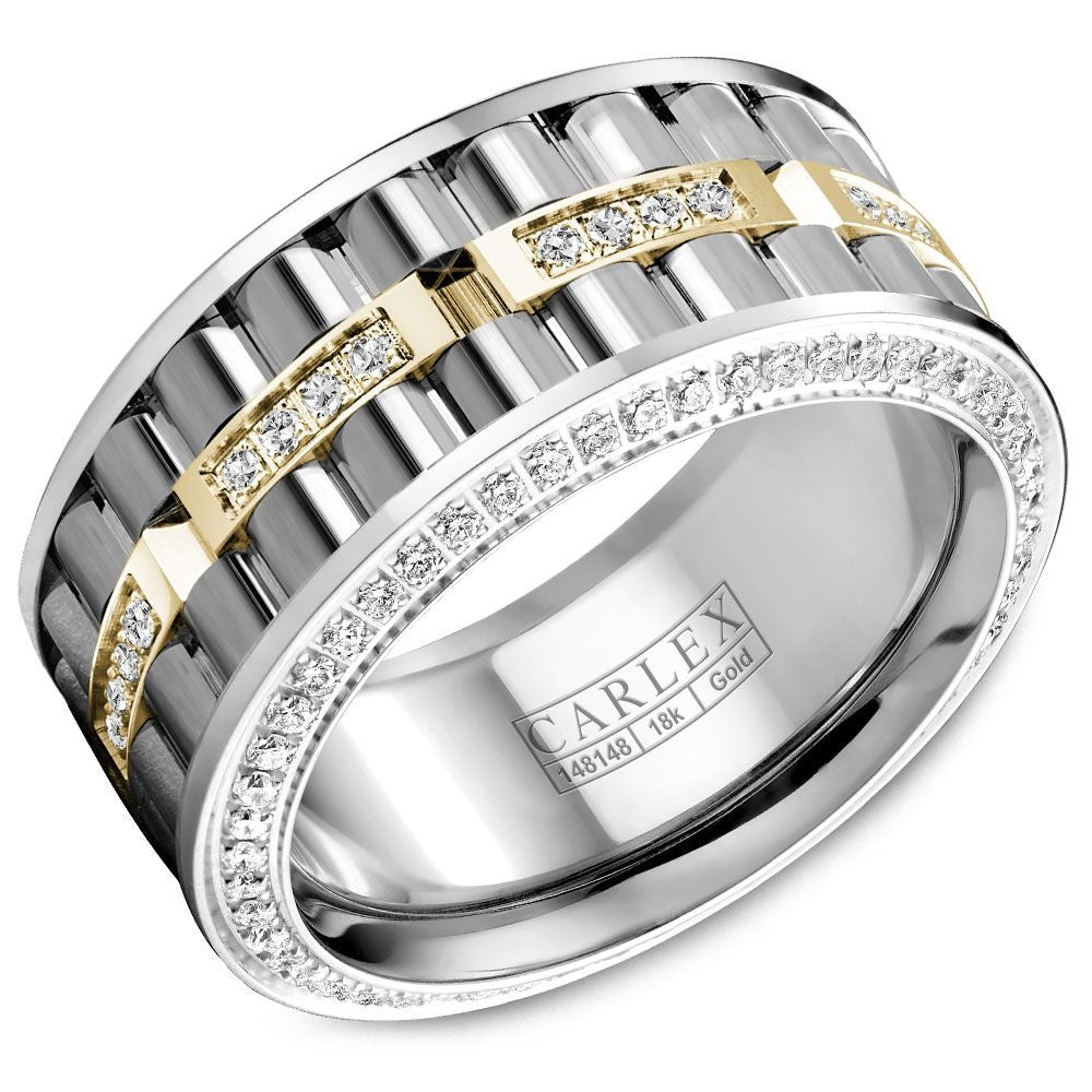 Carlex Men's Wedding Band - G3 18K White Gold and Yellow Gold with Round Diamonds and Sandpaper Center- 0.93 Carat Total Diamond Weight - 11mm Width from the G3 Collection