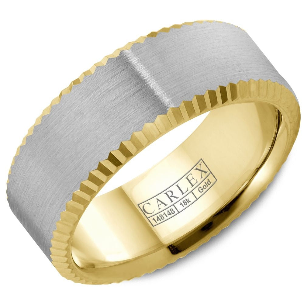 Carlex Men's Wedding Band - G3 18K White Gold and Yellow Gold with Sandpaper Center and Gear Edge - 8.5mm Width from the G3 Collection