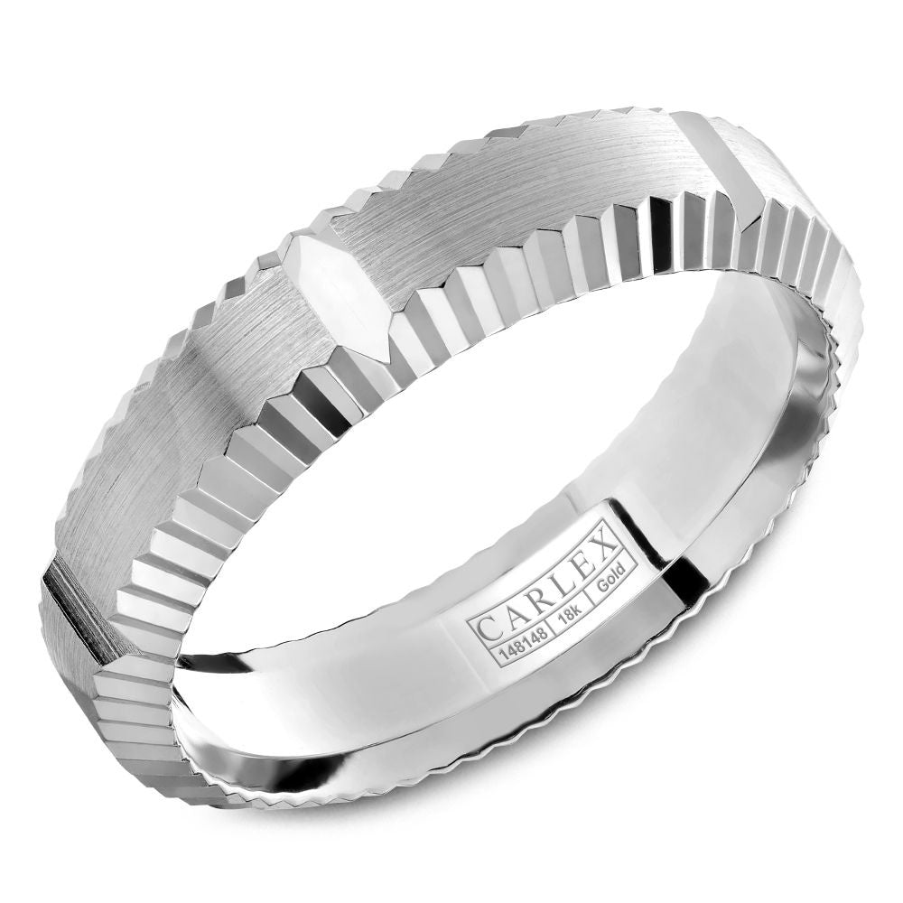 Carlex Men's Wedding Band - G3 18K White Gold with Sandpaper Top and High Polish Gear Edges - 6mm Width from the G3 Collection