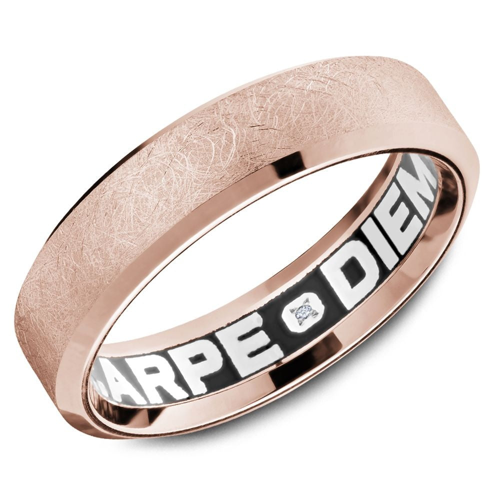 Carlex Men's Wedding Band - G4 18K Rose Gold with Diamond Brush Top, High Polish Edges, and Carpe Diem Interior Inscription - 6mm Width from the G4 Collection