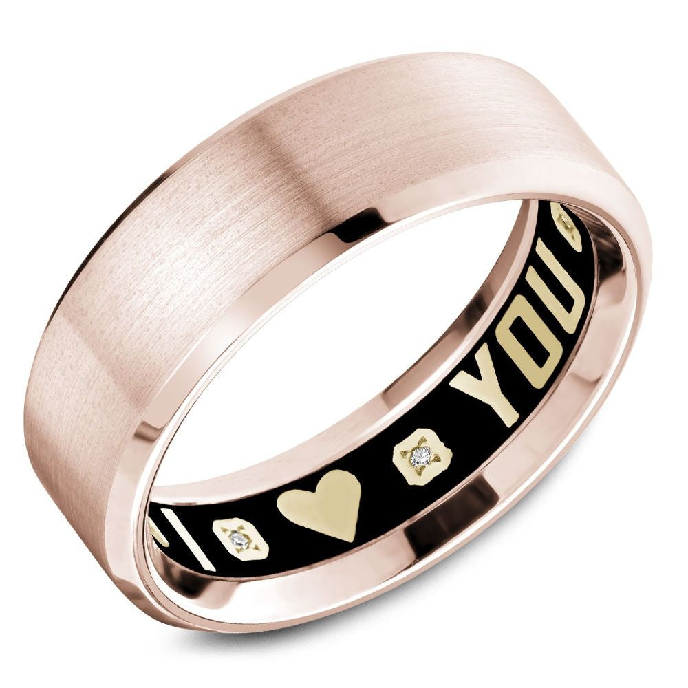 Carlex Men's Wedding Band - G4 18K Rose Gold with Sandpaper Finish, High Polish Bevel, and Hidden Black Interior Design with Gold Heart and Diamond Accents - 7.5mm Width from the G4 Collection